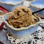 This is a photo of a light blue ceramic dessert dish filled with dairy and gluten free chickpea cookie dough.
