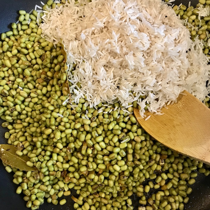 This is a photo of a skillet fillet with the makings for uncooked kitchari.